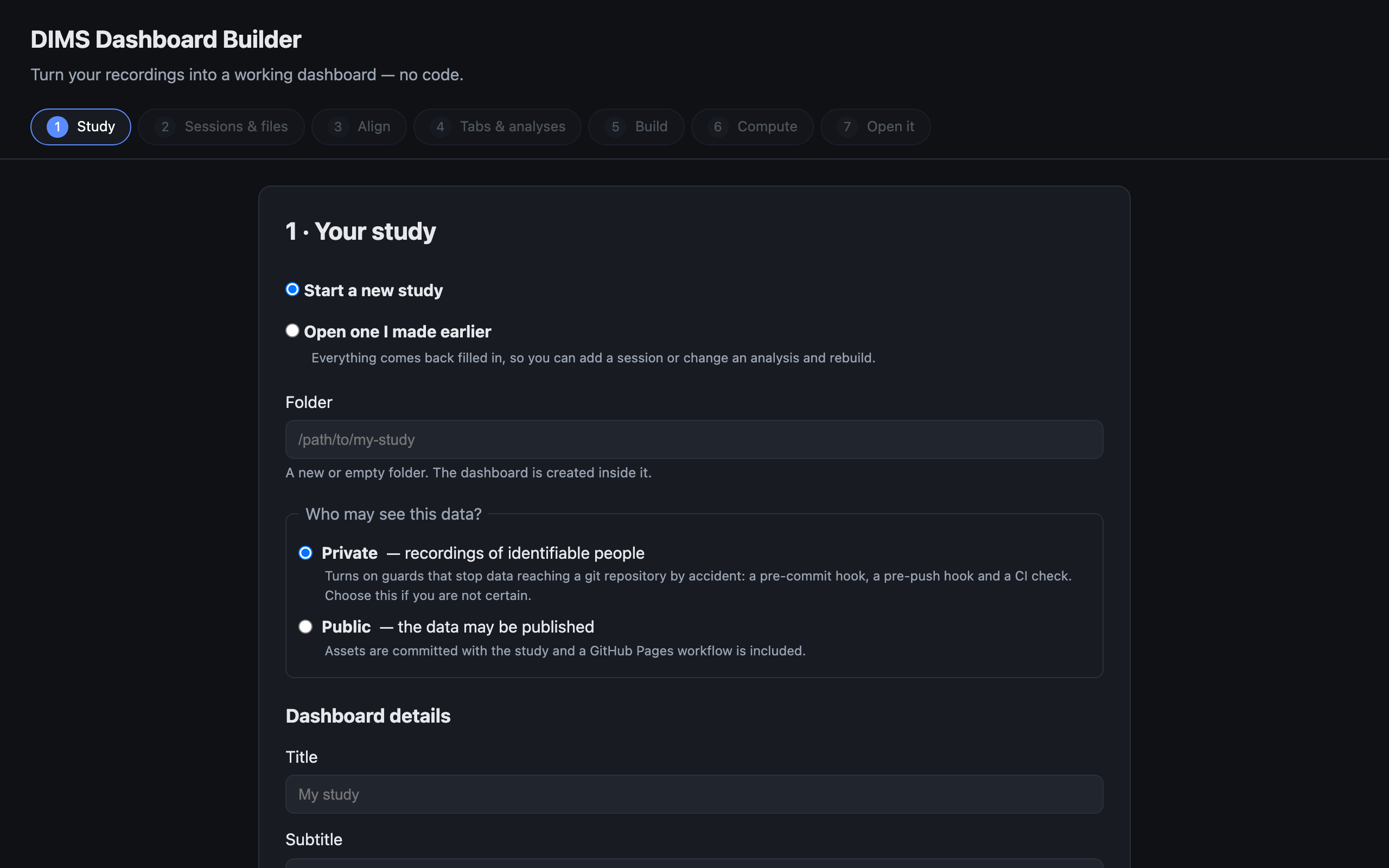 The builder wizard open in a browser at step 1, with the seven steps listed across the top.