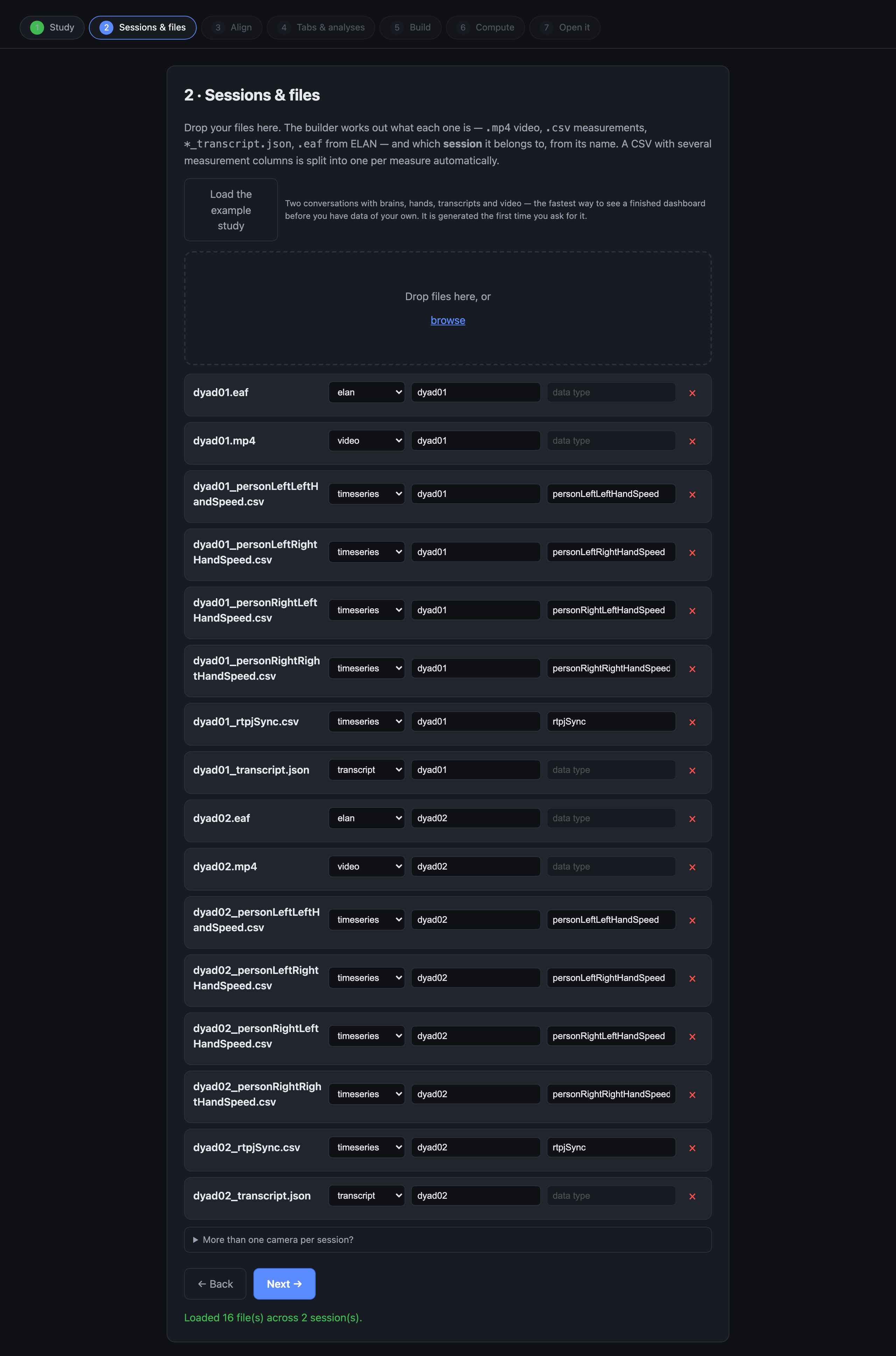 Step 2 showing sixteen staged files grouped under two sessions.