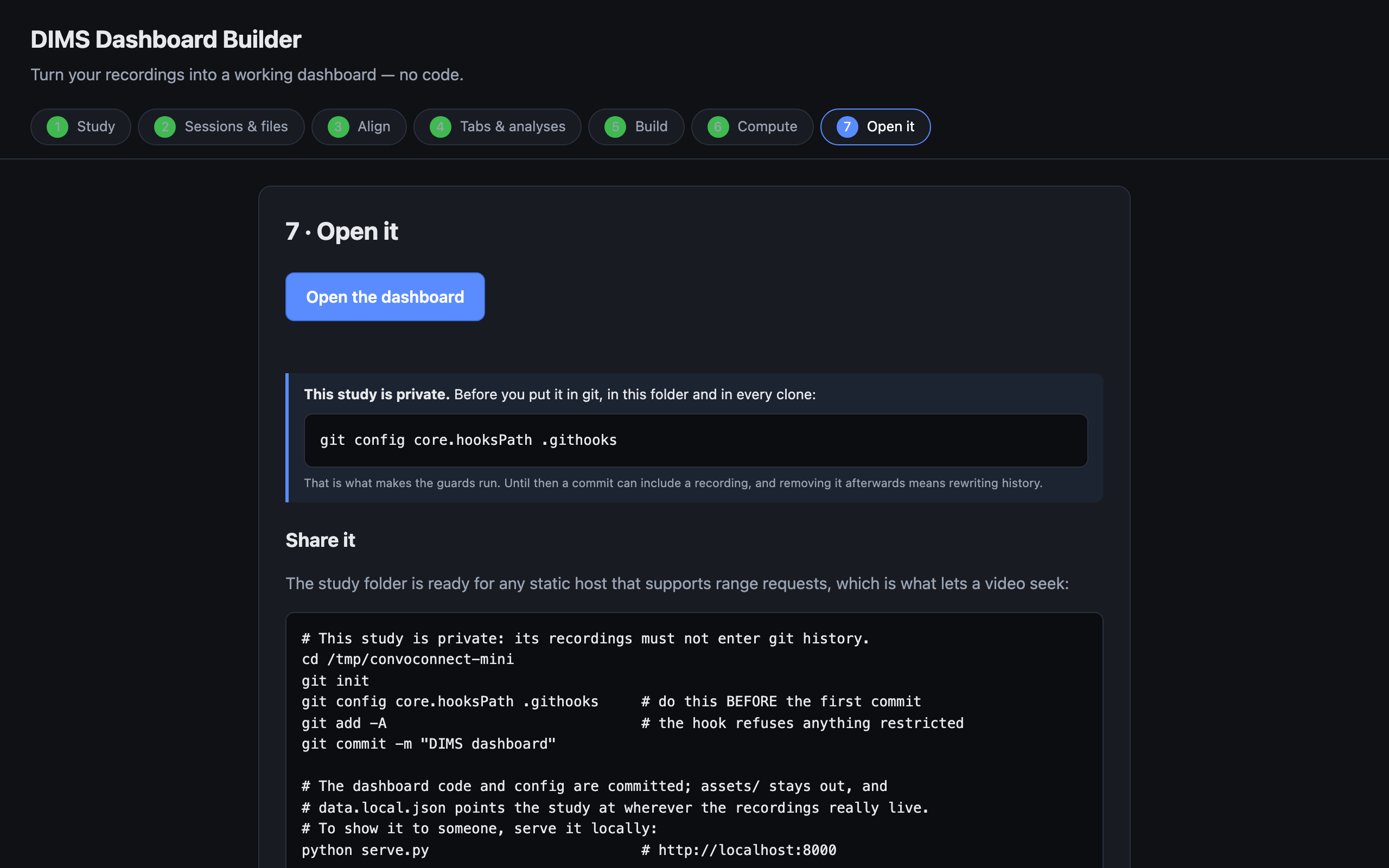 Step 6 showing live analysis progress streaming into the page.