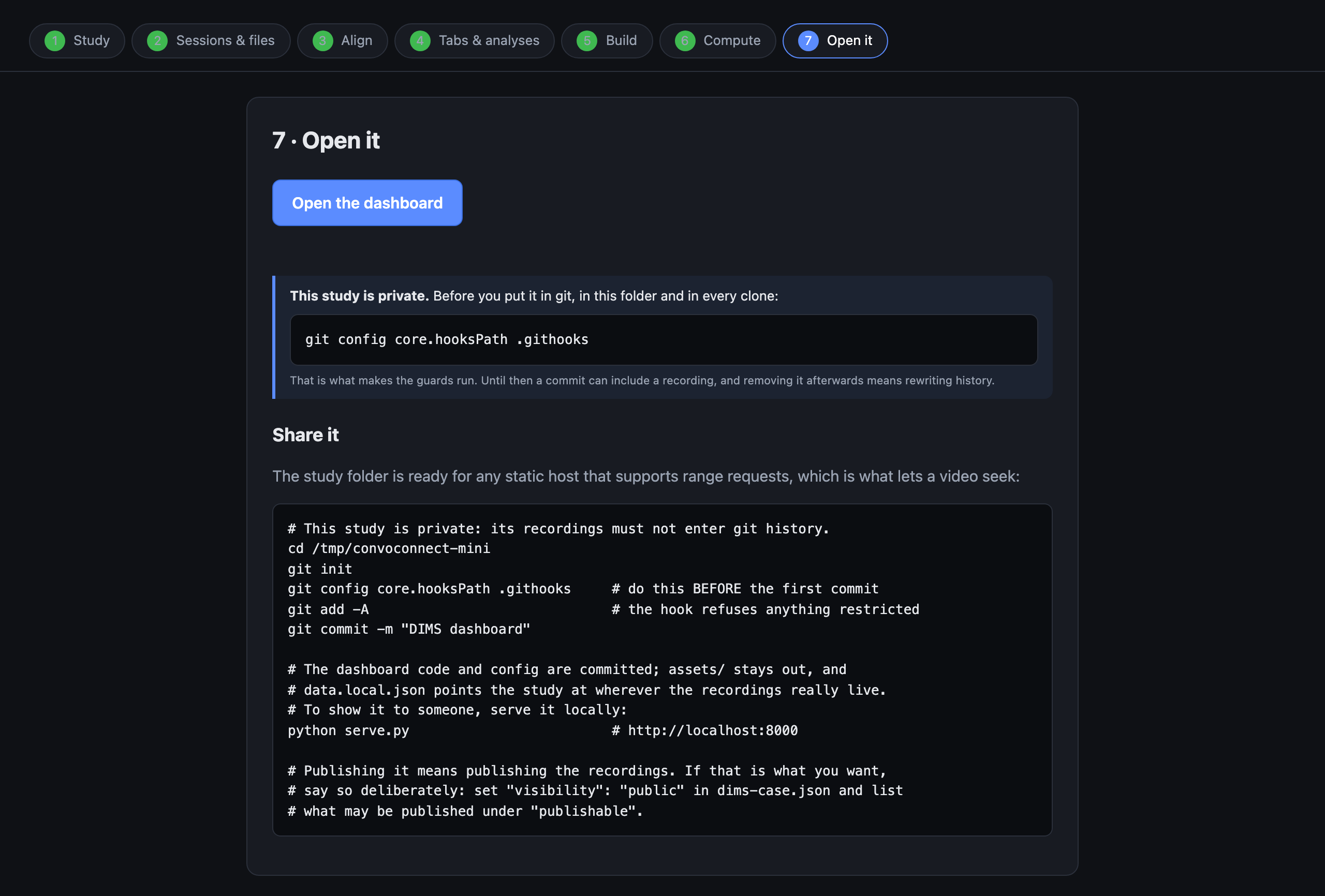 Step 7 offering to open the dashboard and showing deployment commands.